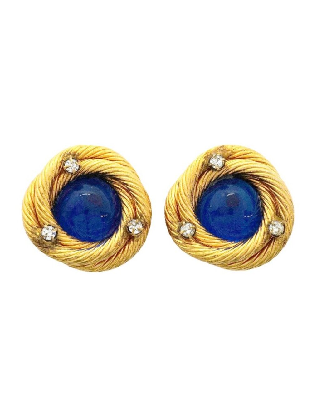 Chanel Earrings Vintage Round Circle Gold Plated Rhinestone Gripoix Blue